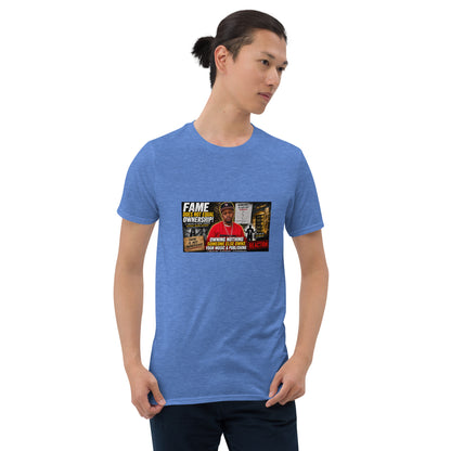 Unisex short-sleeve T-shirt, blue with photo graphic printed on chest