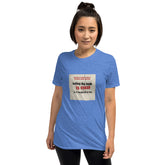 Blue unisex T-shirt with front graphic slogan in a square, crew neck