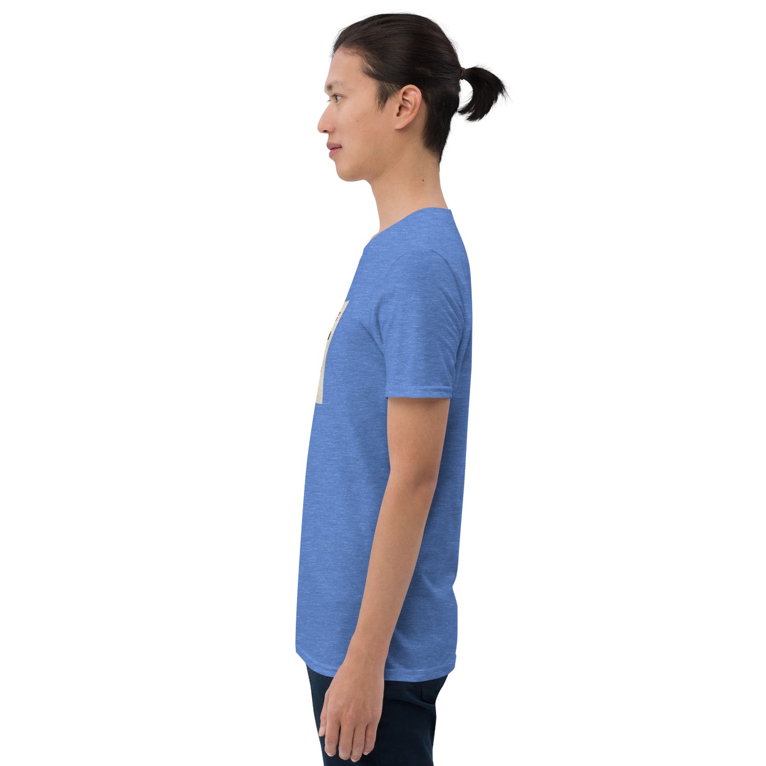 Blue heather T-shirt side profile showing sleeve and plain back