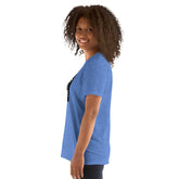Unisex T-shirt, heather blue, side profile view, short sleeves, crew neck