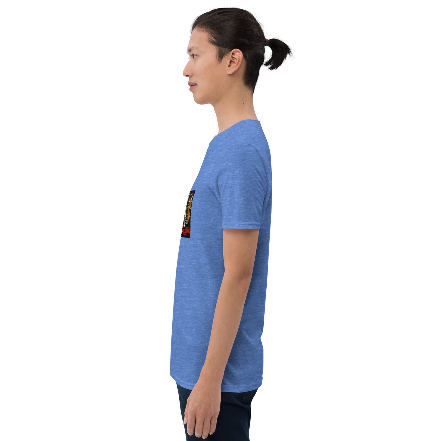 Unisex short-sleeve T-shirt, blue, side view; photo graphic on front
