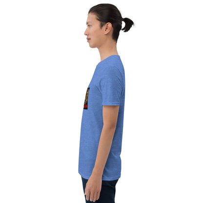 Unisex short-sleeve T-shirt, blue, side view; photo graphic on front