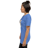 Blue unisex T-shirt, side profile view with front square graphic, crew neck