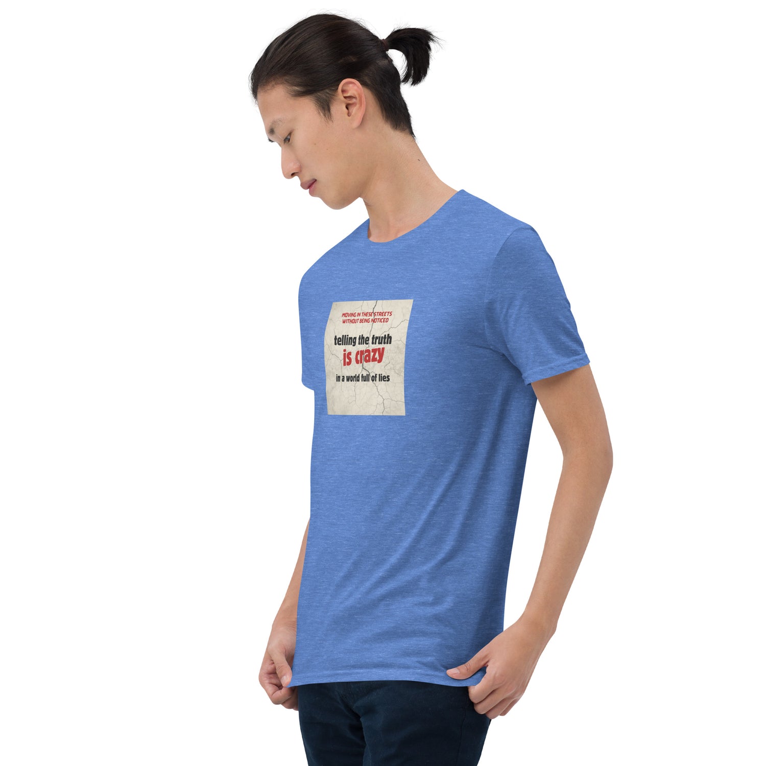 Blue heather T-shirt front angled view with square quote graphic on chest
