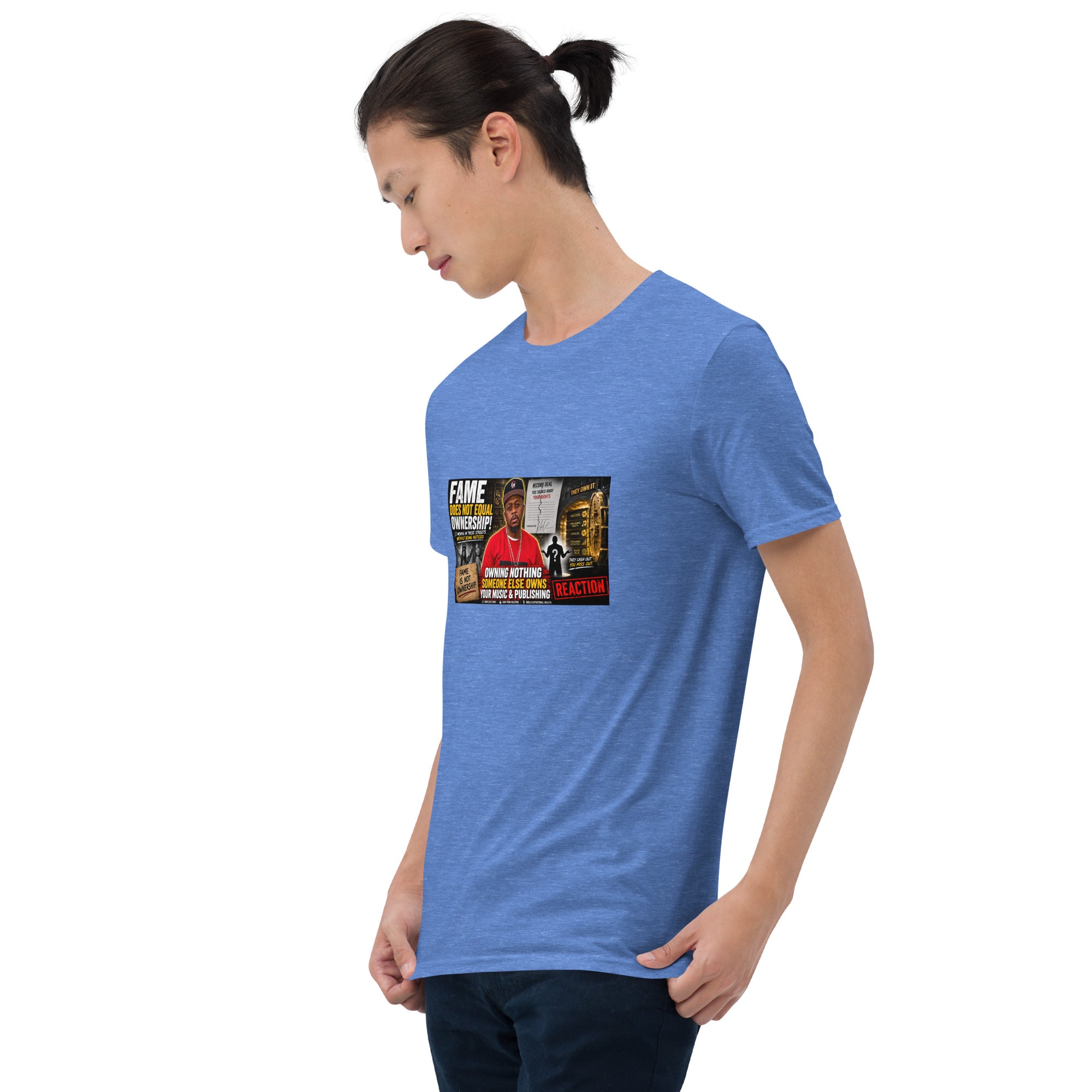Unisex short-sleeve T-shirt, blue with photo graphic printed on the front