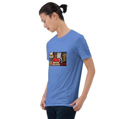 Unisex short-sleeve T-shirt, blue with photo graphic printed on the front