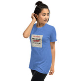 Blue unisex T-shirt with square front graphic slogan, crew neck, short sleeves