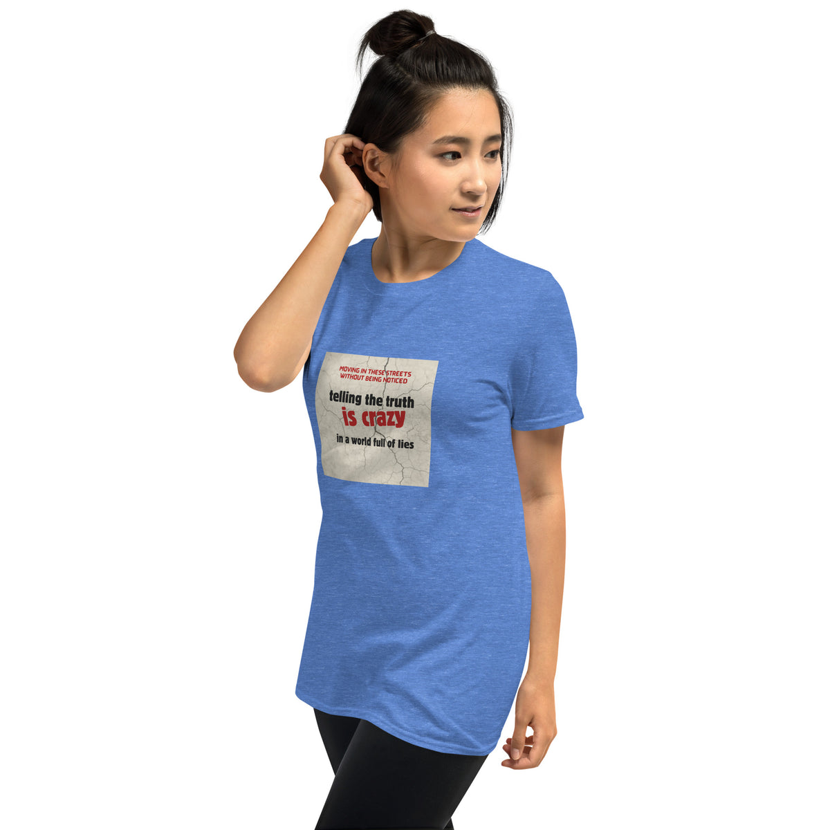 Blue unisex T-shirt with square front graphic slogan, crew neck, short sleeves