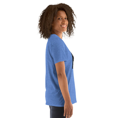 Light blue unisex short-sleeve T-shirt with “It’s My Mouth” back graphic detail