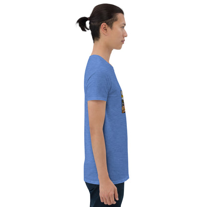 Blue unisex short-sleeve T-shirt with graphic print at the back neckline and side.