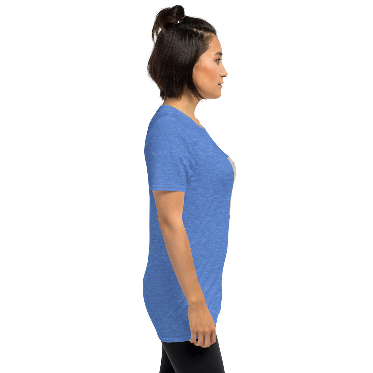 Blue unisex T-shirt, side view showing front graphic box and short sleeves