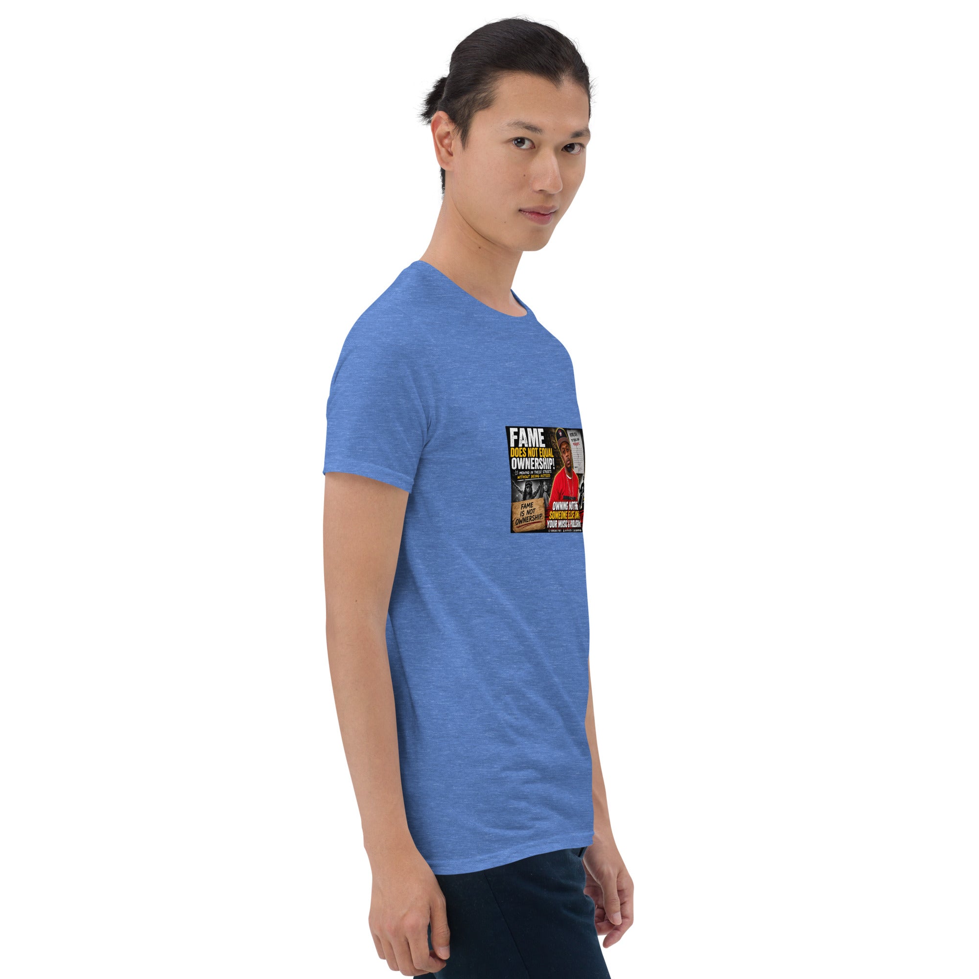 Blue unisex short-sleeve T-shirt with front graphic print, crew neck, relaxed fit.