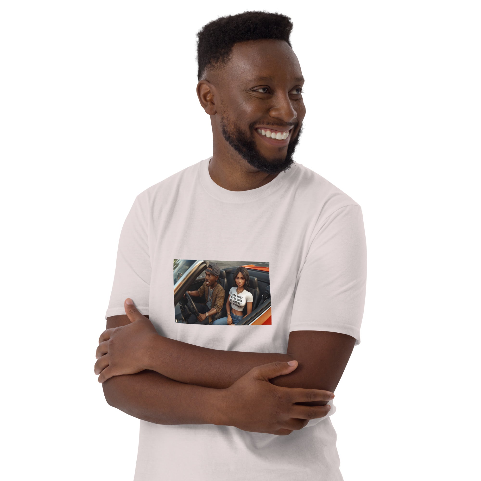White unisex T-shirt with centered chest photo graphic