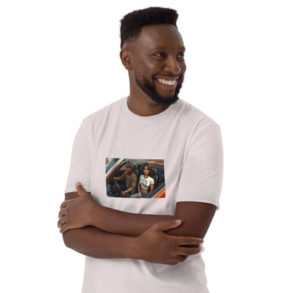 White unisex T-shirt with centered chest photo graphic
