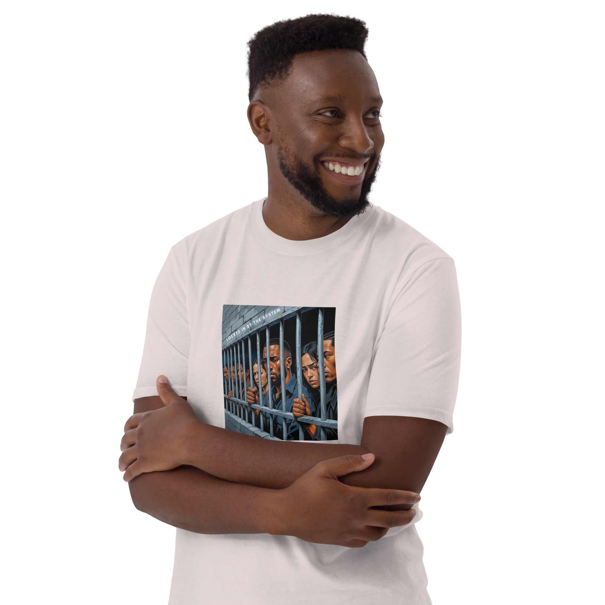 White unisex short-sleeve T-shirt with front square photo graphic