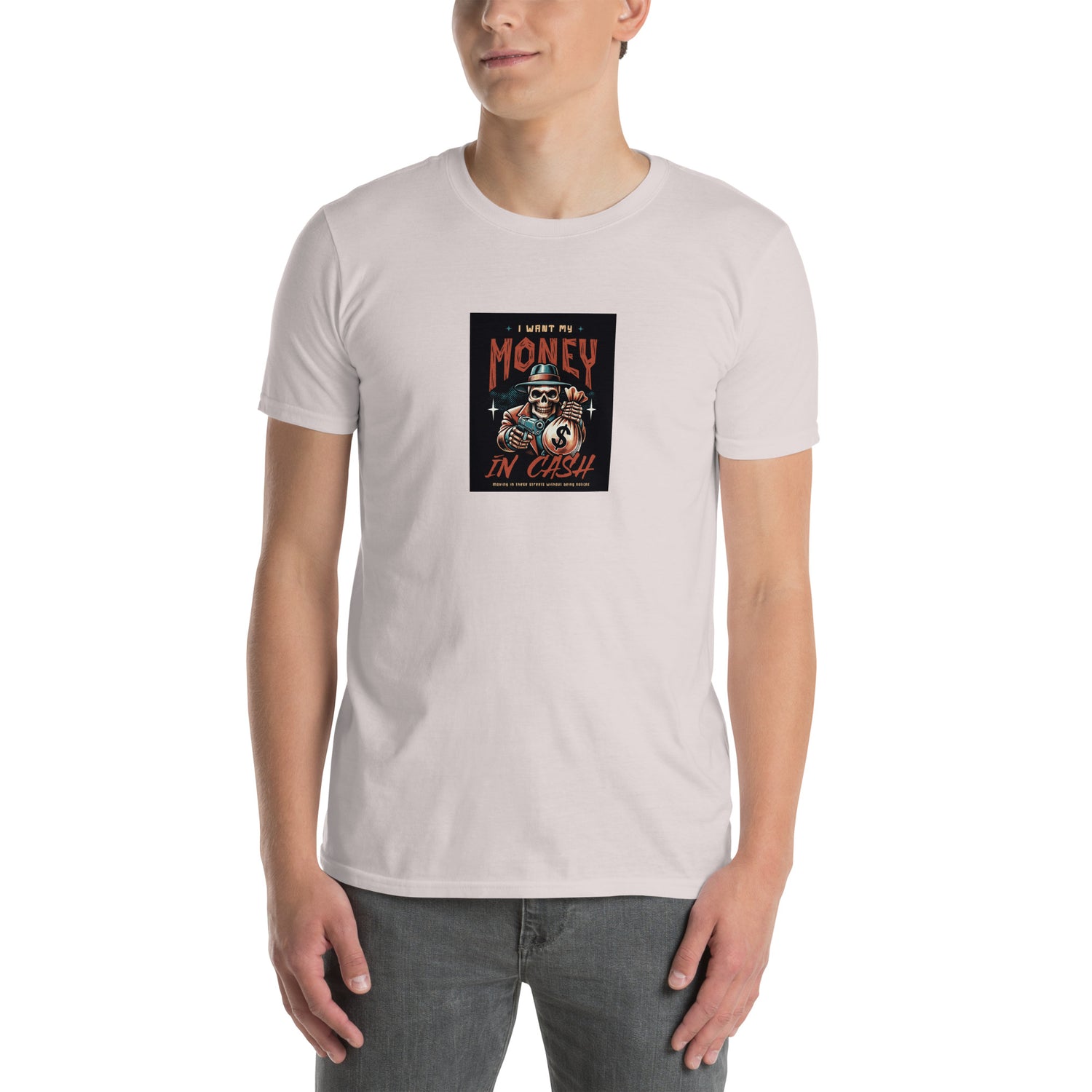 Natural short-sleeve unisex T-shirt with front “Money in Cash” graphic print