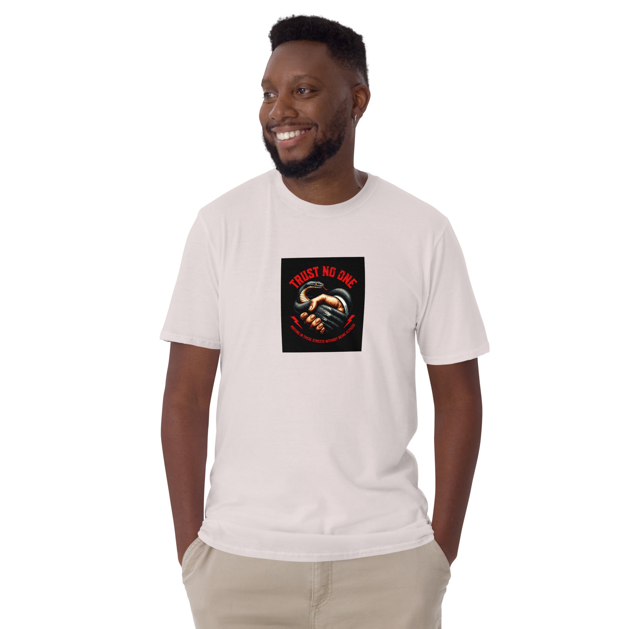 Trust No One short-sleeve unisex T-shirt in white, front graphic handshake