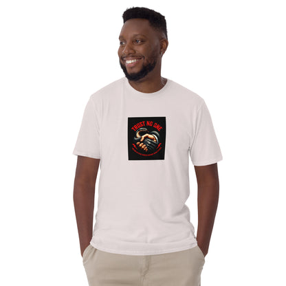 Trust No One short-sleeve unisex T-shirt in white, front graphic handshake