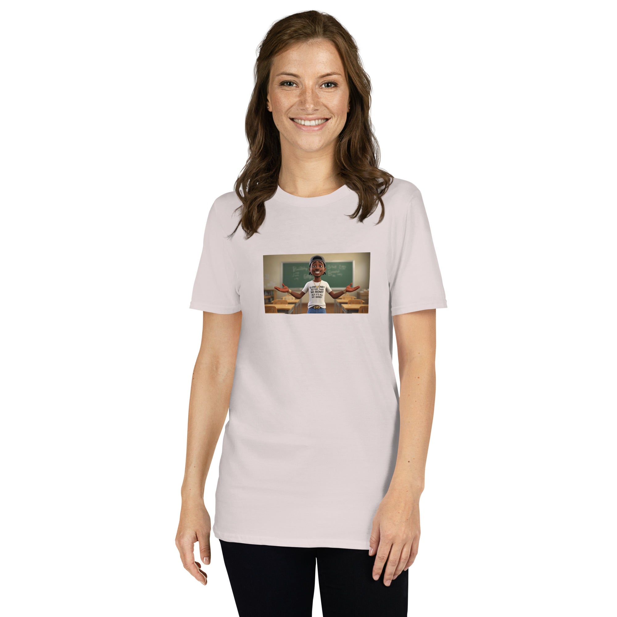 Unisex-T-Shirt rosa mit Frontdruck, Rundhalsausschnitt