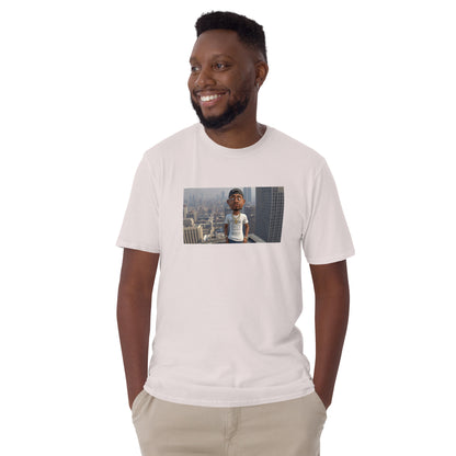 Short-sleeve unisex T-shirt, white front with photo-style graphic on chest