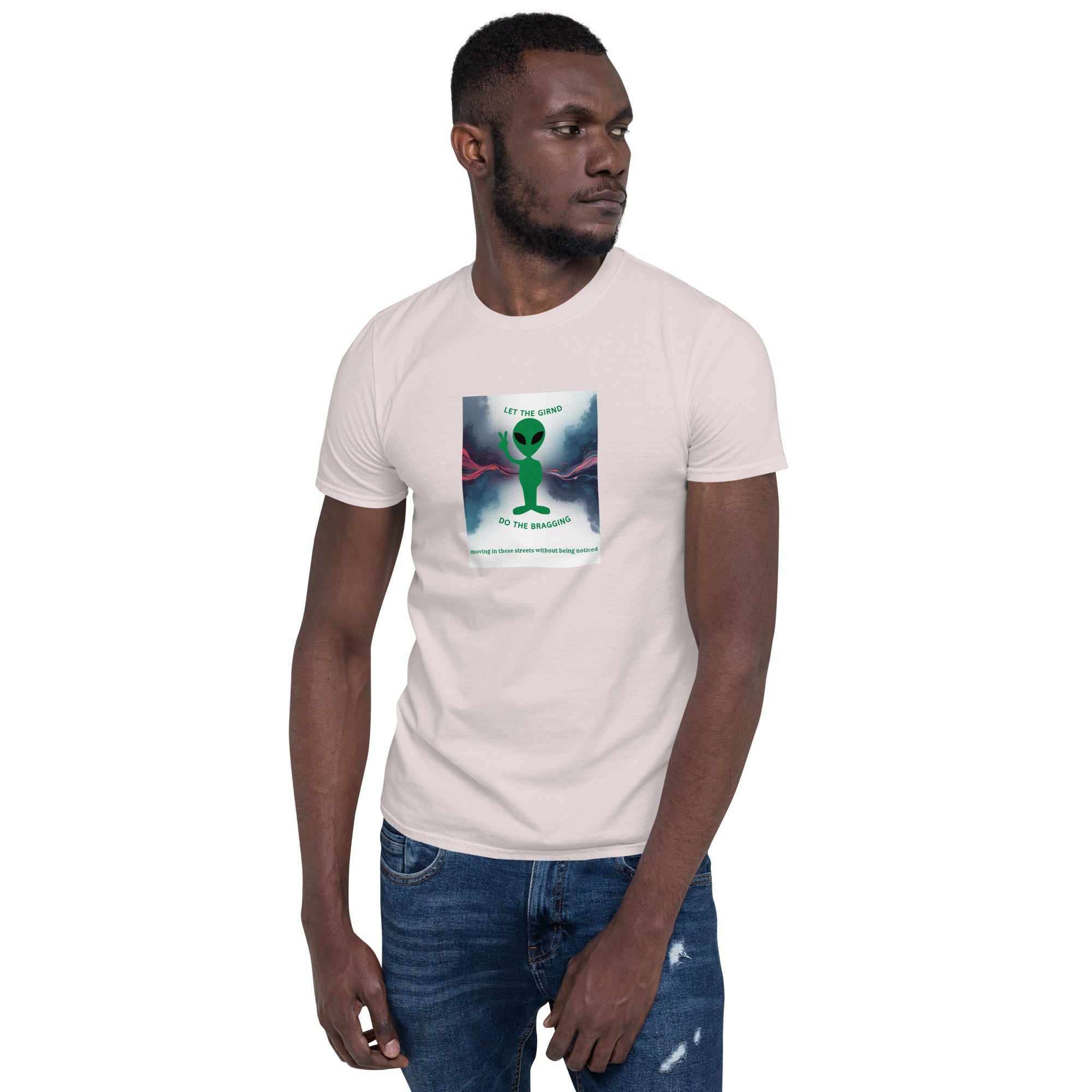 Natural T-shirt with front graphic panel, crew neck, short sleeves