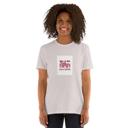 White unisex T-shirt with heart graphic on chest, crew neck