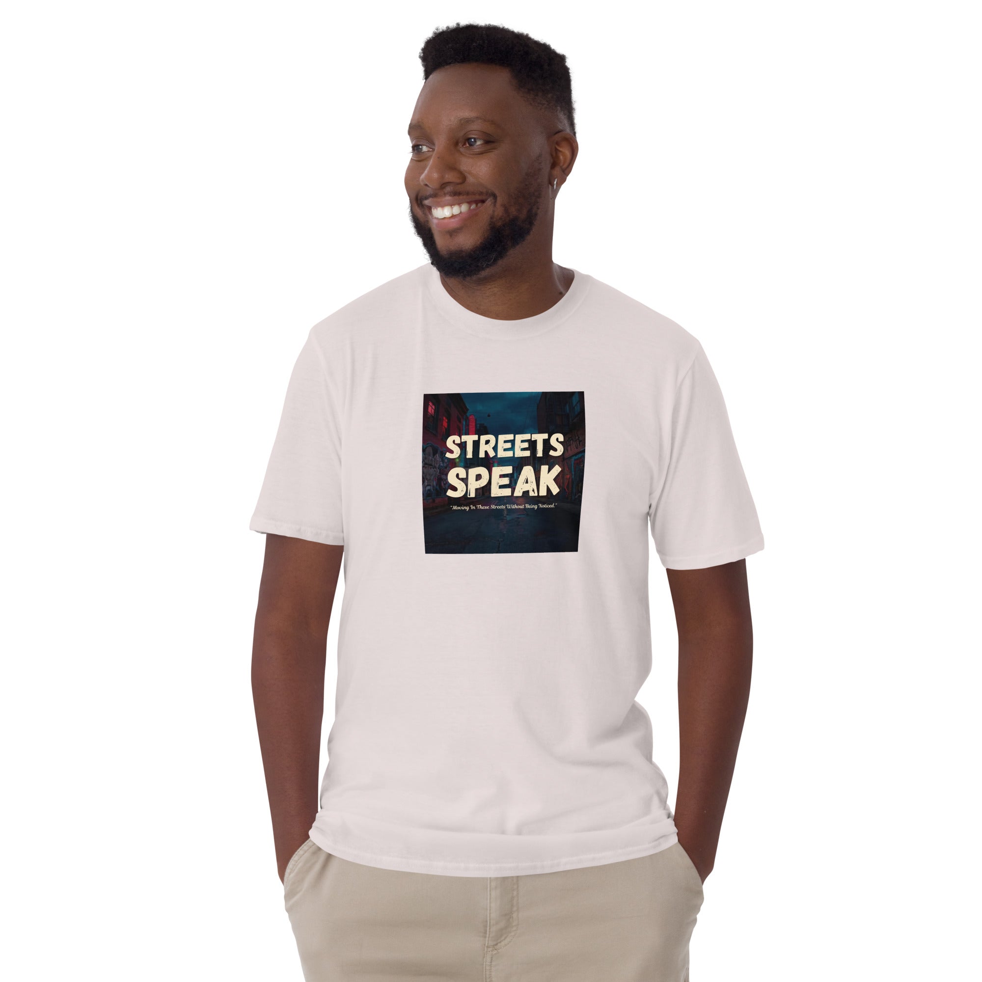 Streets Speaks T-Shirt, white, front square graphic “STREETS SPEAK”, short-sleeve