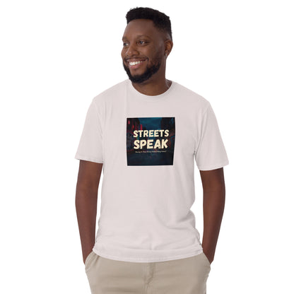 Streets Speaks T-Shirt, white, front square graphic “STREETS SPEAK”, short-sleeve