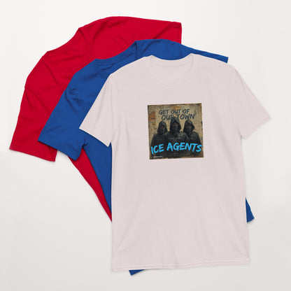 Unisex short-sleeve T-shirt, white with front graphic text “ICE AGENTS”.