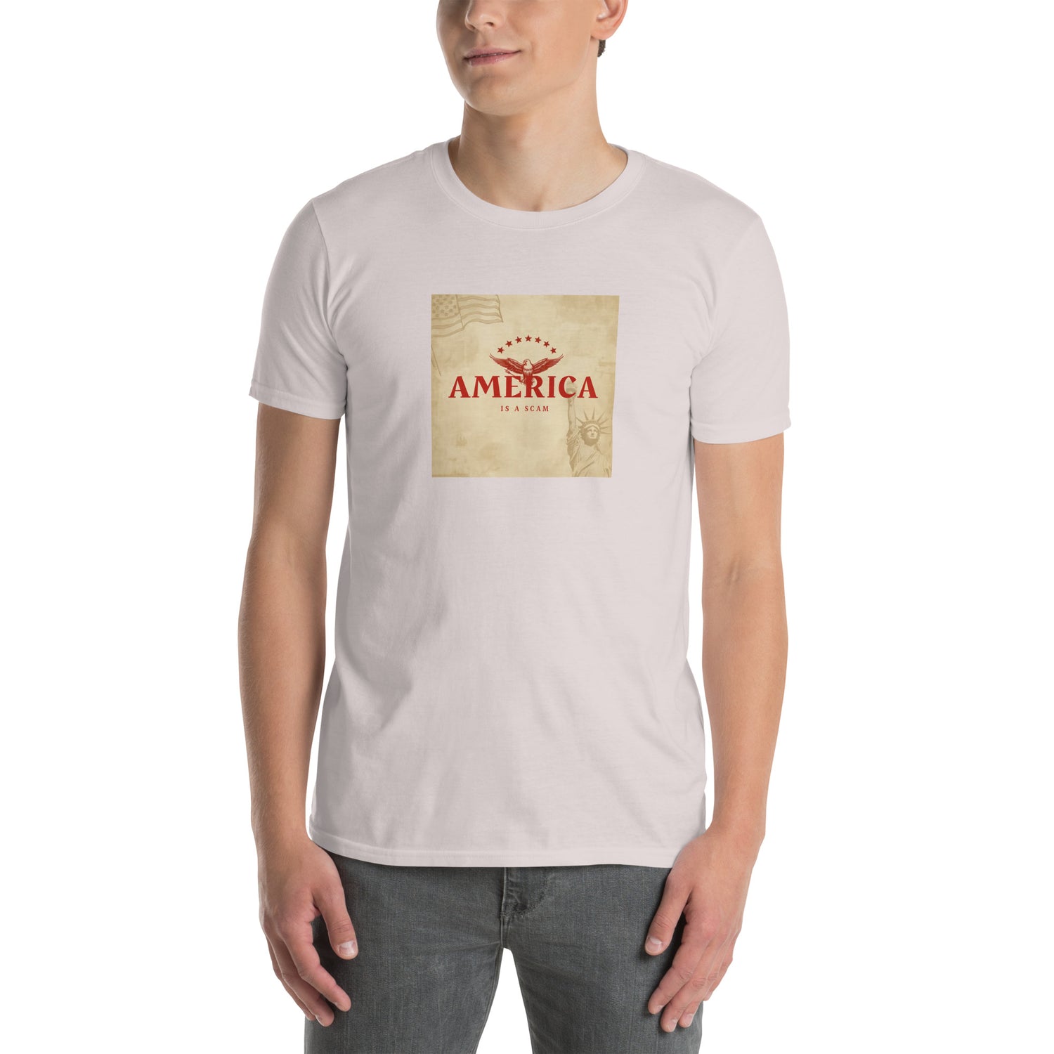 White unisex T-shirt with chest graphic reading “AMERICA IS A SCAM”.