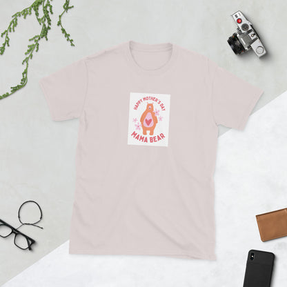 Light pink unisex short-sleeve T-shirt with “Happy Mother’s Day” Mama Bear graphic