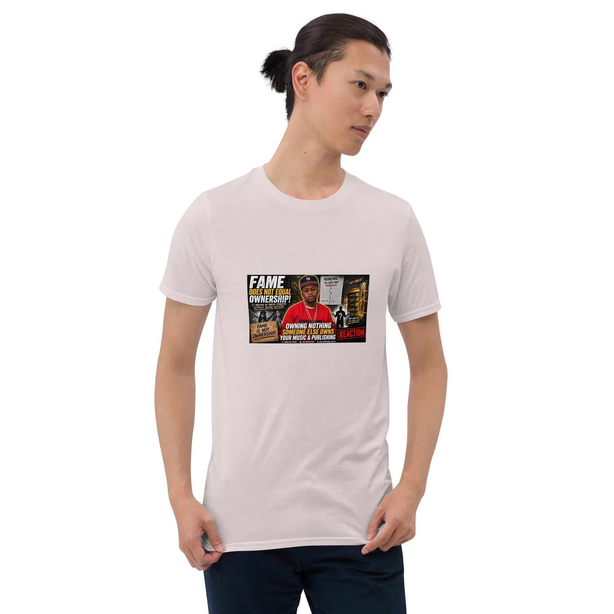 Unisex short-sleeve t-shirt, white, front view with colorful chest graphic print