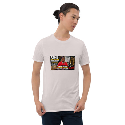 Unisex short-sleeve t-shirt, white, front view with colorful chest graphic print