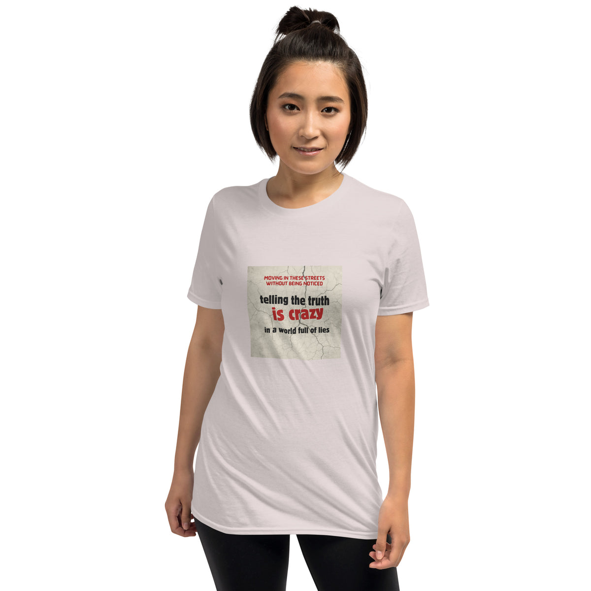 Unisex white crew-neck T-shirt with rectangular chest graphic text