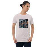 White graphic crew-neck tee with rectangular jail-bar style print on the chest