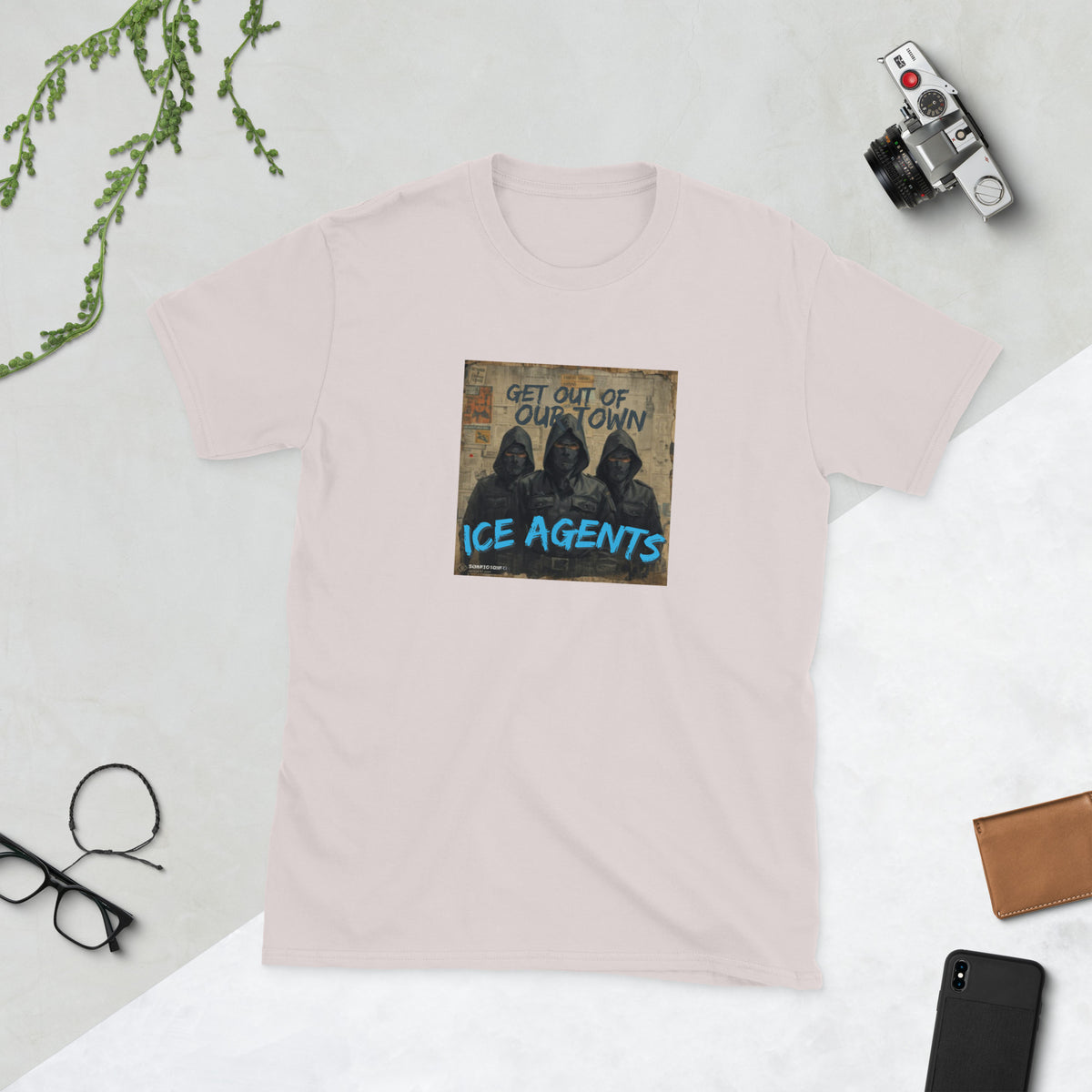 Light pink crew-neck graphic tee with square front print