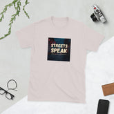 Light pink graphic crewneck T-shirt with square “STREETS SPEAK” logo