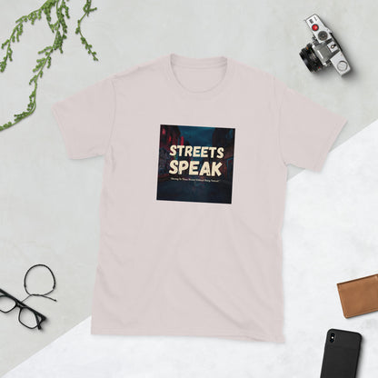 Light pink graphic crewneck T-shirt with square “STREETS SPEAK” logo
