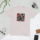 Light pink graphic tee with colorful front chest print