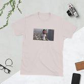 Light pink graphic T-shirt with front photo print, crew neck short sleeves