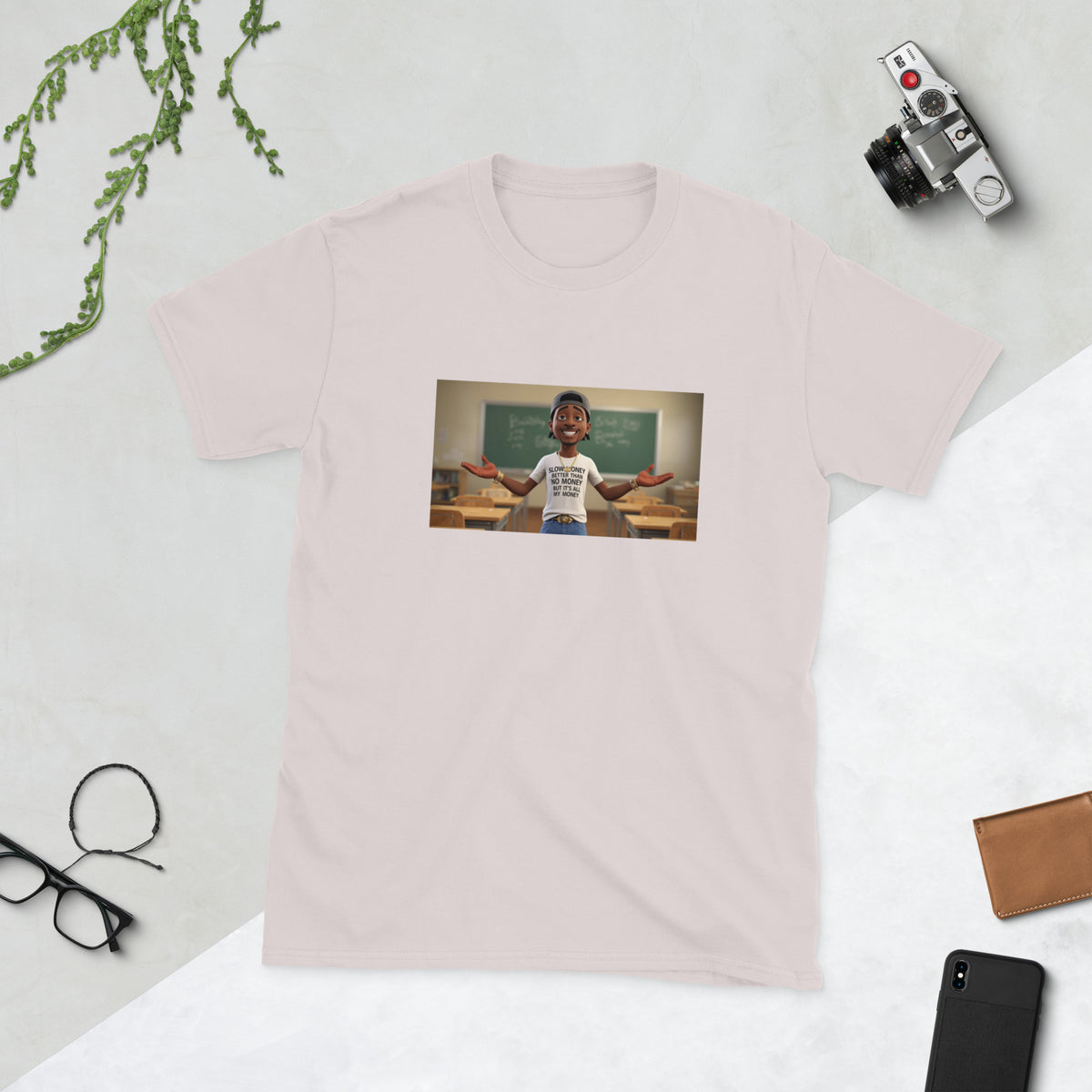 Light pink graphic T-shirt with centered photo print on the front
