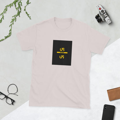 Blush pink graphic tee with black square logo and yellow accents, front view