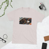 MIS Apparel graphic tee in light pink with rectangular front photo print, crew neck