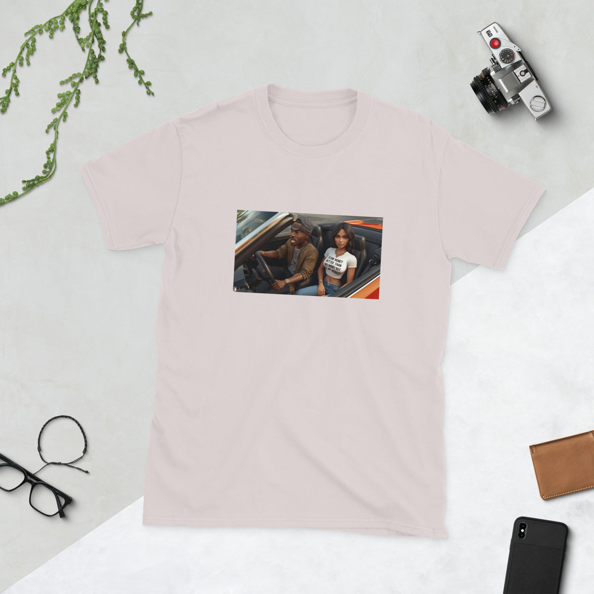 MIS Apparel graphic tee in light pink with rectangular front photo print, crew neck