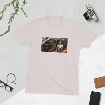 MIS Apparel graphic tee in light pink with rectangular front photo print, crew neck