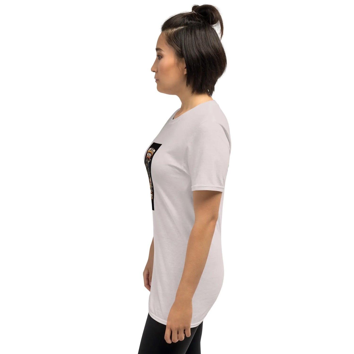 Light pink unisex T-shirt, side view with partial sleeve graphic