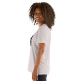 Unisex short-sleeve T-shirt, white, side view with partial text graphic