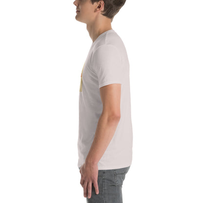 White unisex T-shirt profile view, crew neck and short sleeves with chest print.