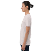Light pink graphic T-shirt, right side view, crew neck, short sleeves