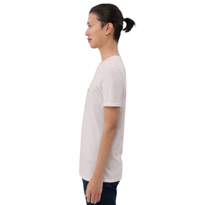 Light T-shirt, other side view; short sleeves and crew neck, chest print visible.